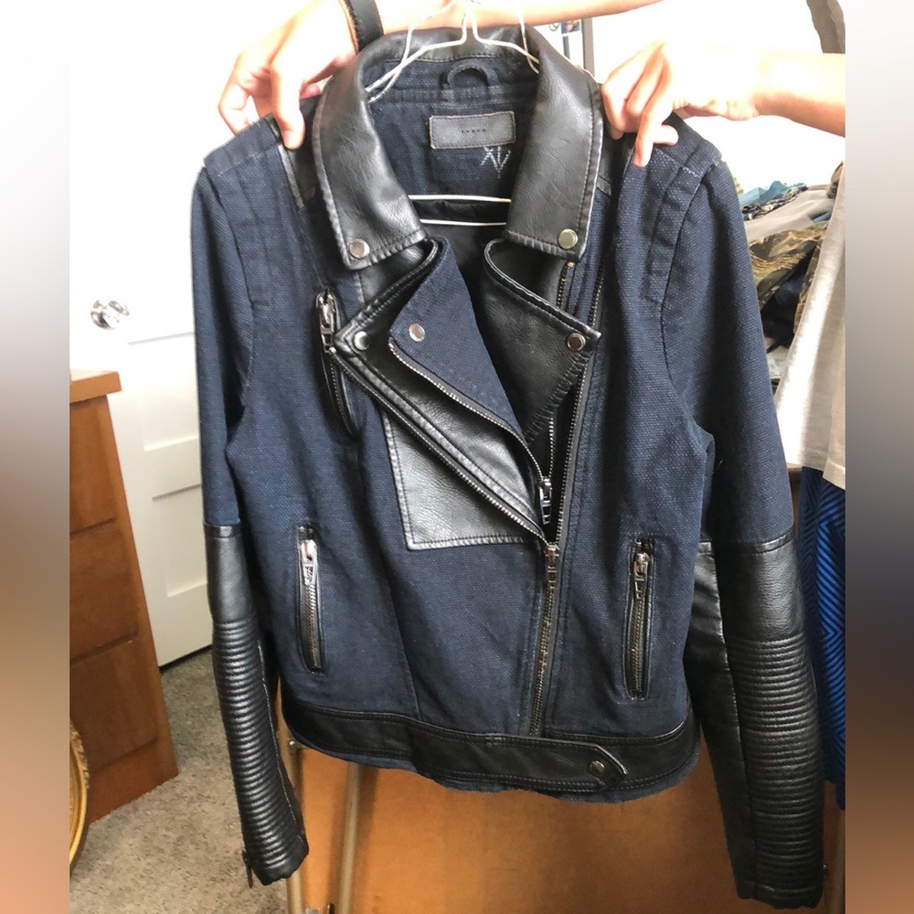 Blank NYC blue black canvas faux leather jacket Women's M biker motorcycle punk - Picture 2 of 16